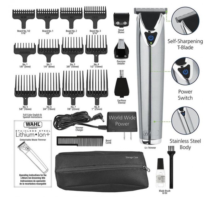 Триммер WAHL Stainless Steel для бороды, усов,головы, тела, интим.зон, акум., роторный мотор, насадок-9, чехол, расческа, сталь, серый