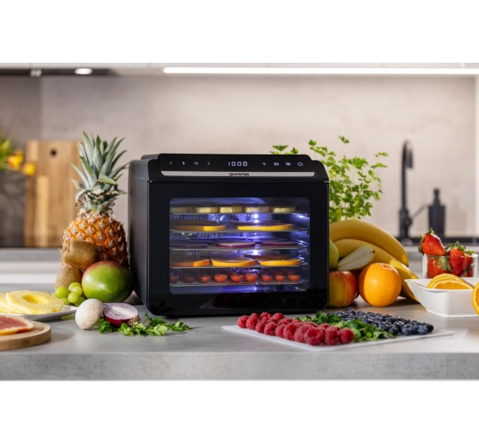 Сушарка для продуктів Gorenje 580Вт, піддонів - 6x1.5см, діаметр - 25см, макс - 75°С, дисплей, пластик+метал, чорний