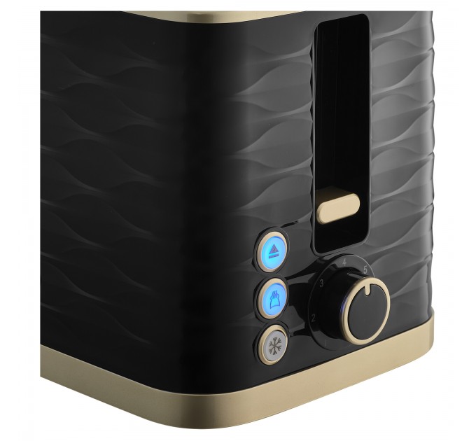 Тостер Sencor 930Вт, підігрів, розморожування, підсвічування, пластик, чорно-золотий