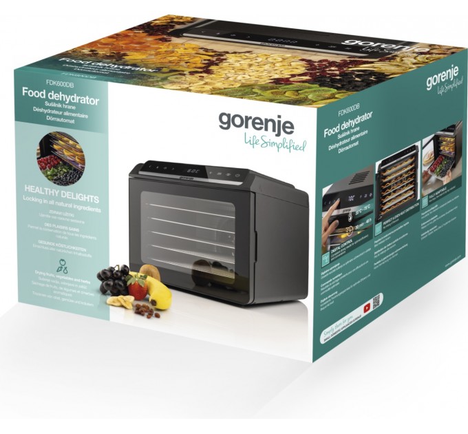 Сушарка для продуктів Gorenje 580Вт, піддонів - 6x1.5см, діаметр - 25см, макс - 75°С, дисплей, пластик+метал, чорний