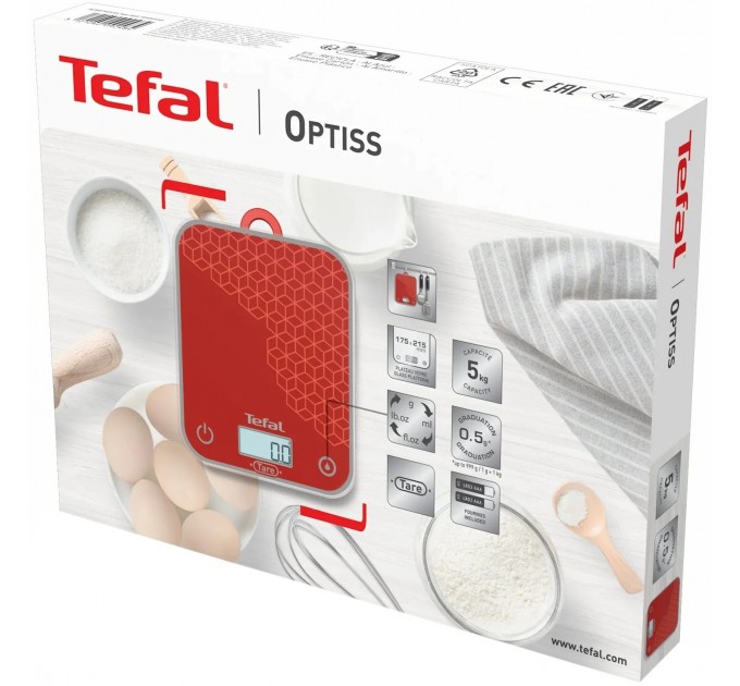 Весы Tefal кухонные Optiss, 5кг, AAAx2 в компл, стекло, красный