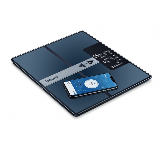 Ваги Beurer підлогові, 180кг, акумуляторні, підкл. до смартфону, сенс. керув., аналіз тіла, WiFi, USB-C, скло, темно-синій