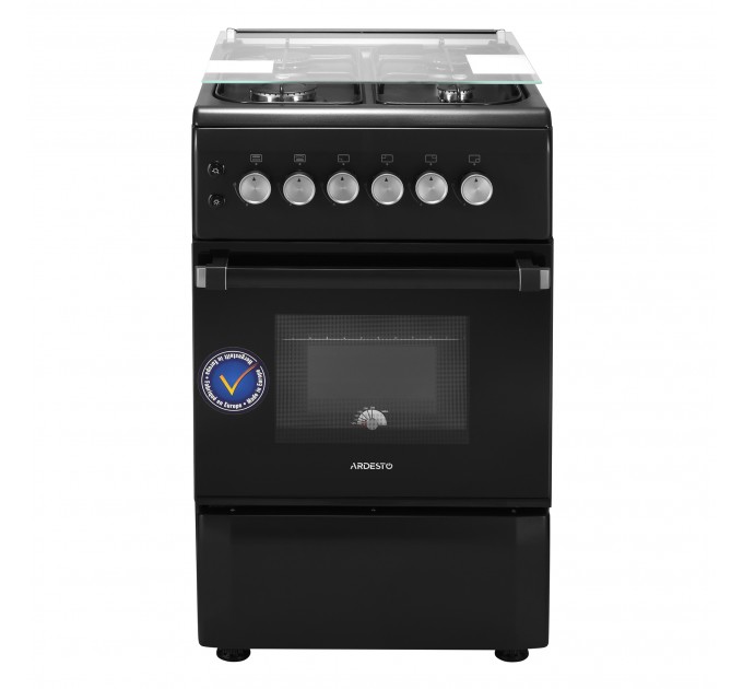 Плита ARDESTO газовая, 50л, 50x60см, электроподжиг, подсветка, термометр, кофе адаптер, откидной ящик, форсунки LPG (подключение газового баллона), черный