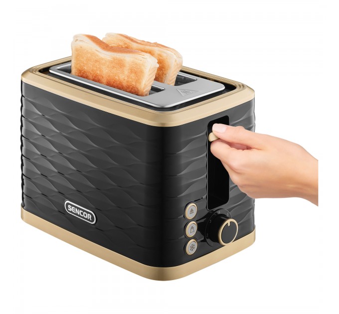 Тостер Sencor 930Вт, підігрів, розморожування, підсвічування, пластик, чорно-золотий