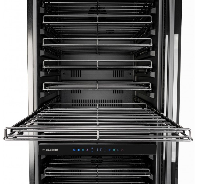 Холодильник Philco для вина,176x60x68, холод.отд.-418л, зон - 2, бут-131, диспл, подсветка, черный