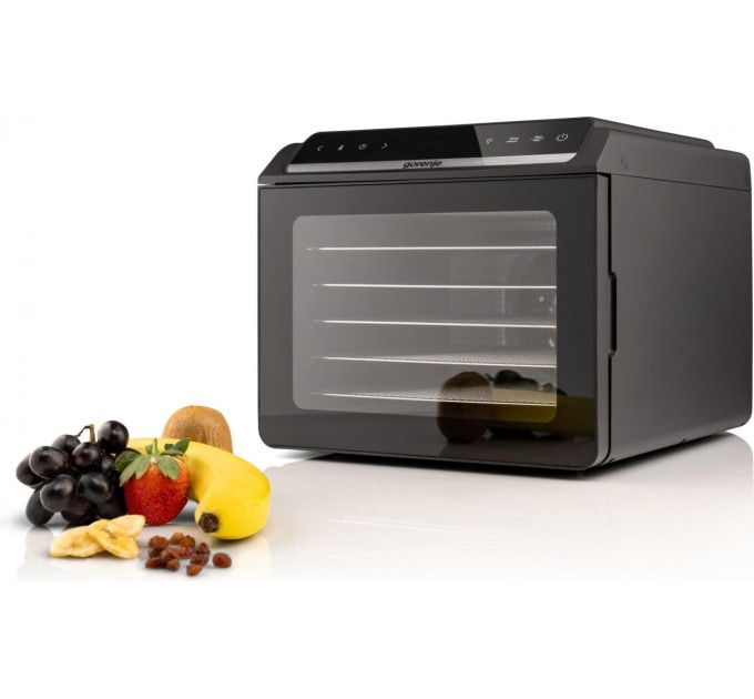 Сушарка для продуктів Gorenje 580Вт, піддонів - 6x1.5см, діаметр - 25см, макс - 75°С, дисплей, пластик+метал, чорний