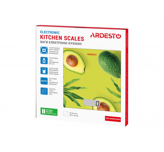 Весы ARDESTO кухонные Avocado, 5кг, AAAx2 в компл, стекло, многоцветный