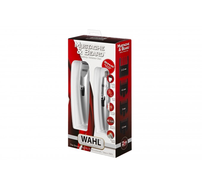 Триммер WAHL Mustache & Beard для бороды и усов, ААx3, роторный мотор, насадок-4, триммер дляя носа, подставка, сталь, серый