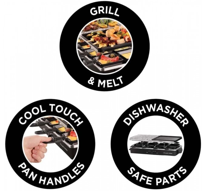 Гриль Russell Hobbs раклетниця Multi Raclette 3in1, 1400Вт, 8 сковорідок, нерж.сталь, чорний