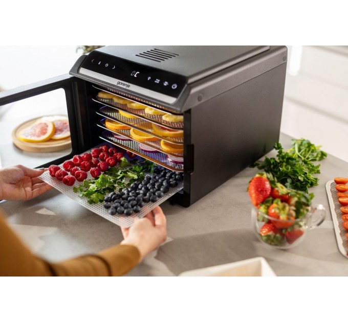 Сушарка для продуктів Gorenje 580Вт, піддонів - 6x1.5см, діаметр - 25см, макс - 75°С, дисплей, пластик+метал, чорний