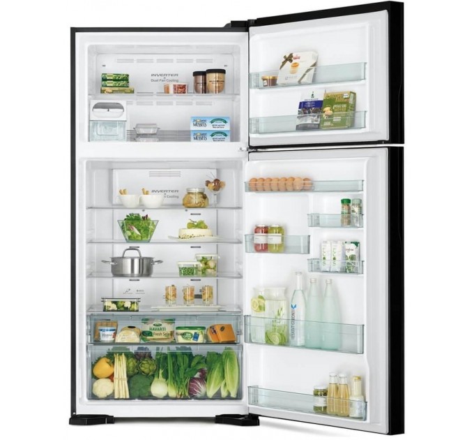 Холодильник Hitachi с верхн. мороз., 184x86х74, холод.отд.-405л, мороз.отд.-145л, 2дв., А++, NF, инв., зона нулевая, черный