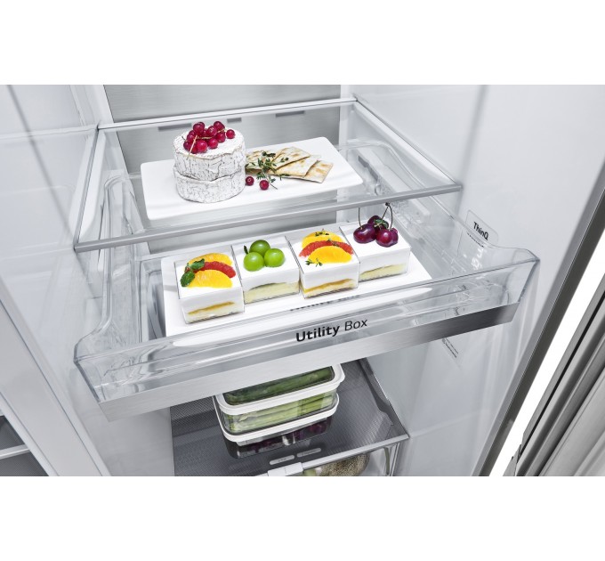 Холодильник LG SBS, 179x91х74, холод.отд.-416л, мороз.отд.-239л, 2дв., F, NF, инв., диспл внутр., зона св-ти, Door in door, нерж