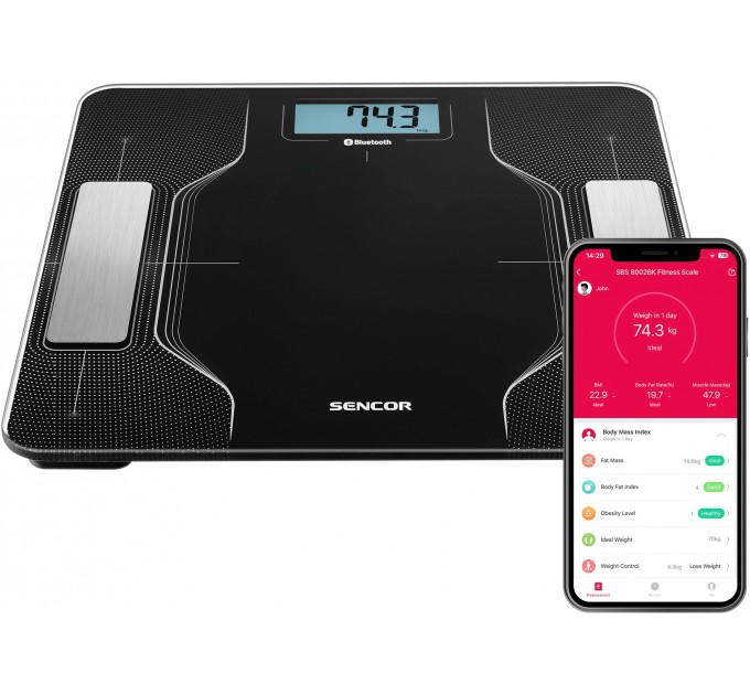 Ваги підлогові Sencor, 180кг, AAAx2, підкл. до смартфону, скло, чорний