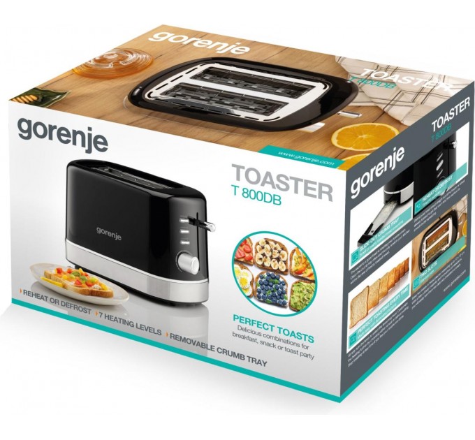 Gorenje toaster 850Вт, подогрев, разморозка, пластик, черный