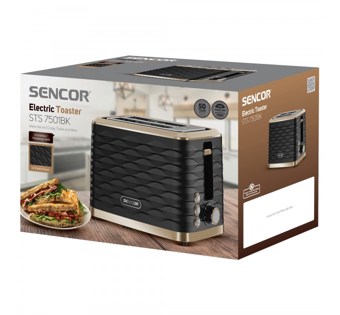 Тостер Sencor 930Вт, підігрів, розморожування, підсвічування, пластик, чорно-золотий
