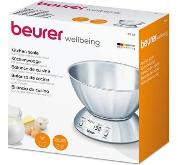 Весы Beurer кухонные с чашей, 5кг, 2хААА , нержавеющая сталь, серый