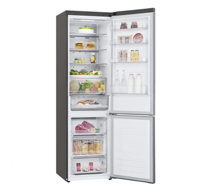 Холодильник LG с нижн. мороз., 203x60х68, холод.отд.-277л, мороз.отд.-107л, 2дв., E, NF, инв., диспл внешн., зона св-ти, Metal Fresh, серебристый