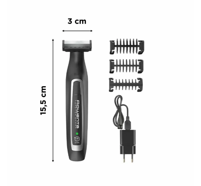 Тример Rowenta Forever Sharp, для бороди і вусів, мережа+акум., роторний мотор, насадок-3, сталь, чорний