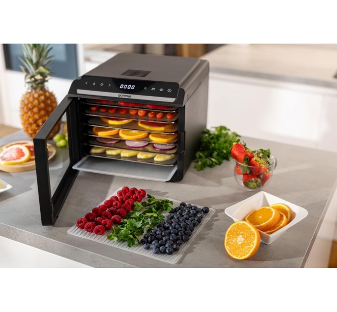 Сушарка для продуктів Gorenje 580Вт, піддонів - 6x1.5см, діаметр - 25см, макс - 75°С, дисплей, пластик+метал, чорний