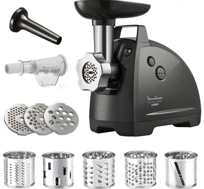 М'ясорубка Tefal HVB Plus, 2000Вт, 2.6кг/хв, 3 решітки, насадка для ковбас, кеббе, томатів, 5 терок, пластик/метал, чорний