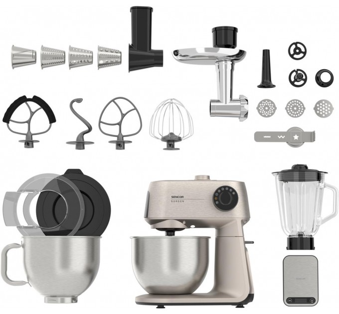 Кухонная машина Sencor Gordon, 1500Вт, чаша-металл, корпус-металл, насадок-20, метал