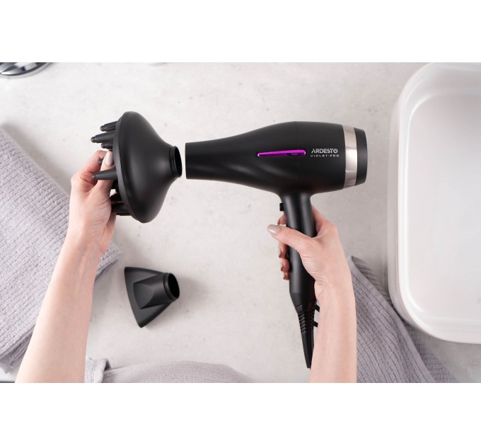 Фен ARDESTO Violet PRO HD-Y223PRO, 850-2200Вт, 2 скорости, 3 темп.режима, диффузор, черный