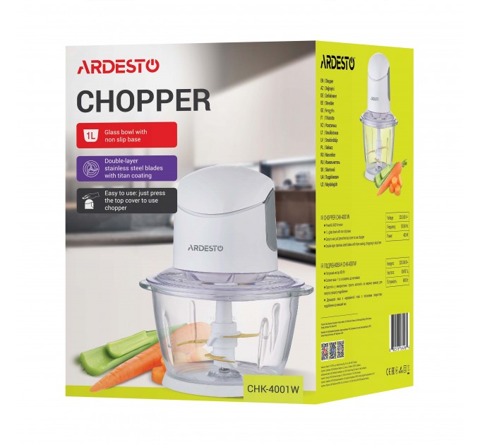 Измельчитель ARDESTO, 400Вт, чаша-1000мл, стекло, корпус-пластик, белый