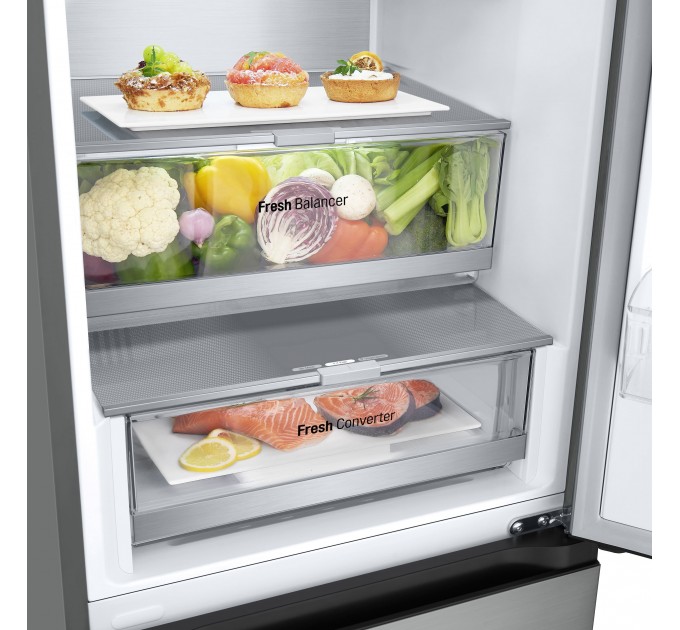 Холодильник LG с нижн. мороз., 203x60х68, холод.отд.-277л, мороз.отд.-107л, 2дв., А++, NF, инв., диспл внешн., Fresh Сonverter, Metal Fresh, серебристый