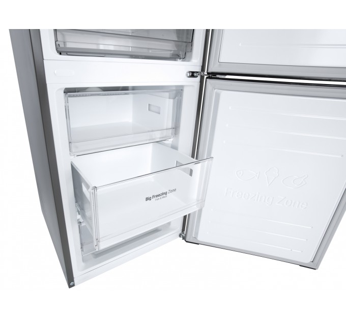 Холодильник LG с нижн. мороз., 203x60х68, холод.отд.-277л, мороз.отд.-107л, 2дв., E, NF, инв., диспл внешн., зона св-ти, Metal Fresh, серебристый