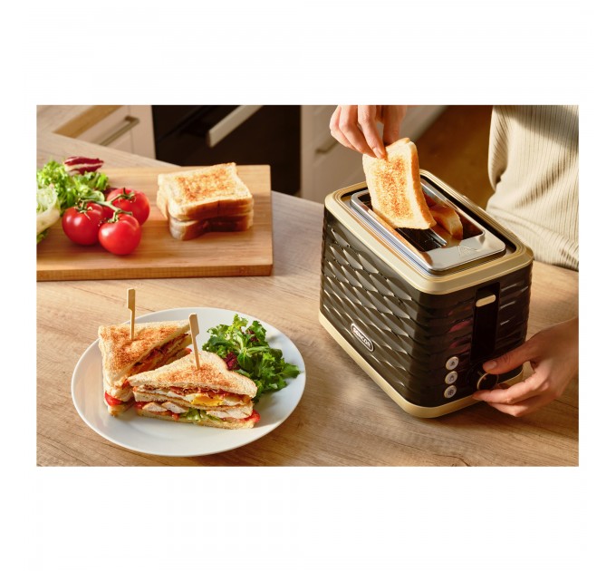 Тостер Sencor 930Вт, підігрів, розморожування, підсвічування, пластик, чорно-золотий