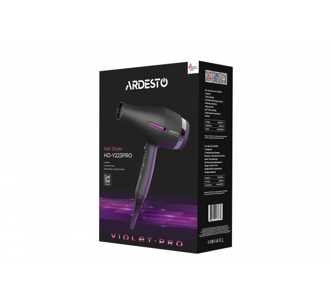 Фен ARDESTO Violet PRO HD-Y223PRO, 850-2200Вт, 2 скорости, 3 темп.режима, диффузор, черный