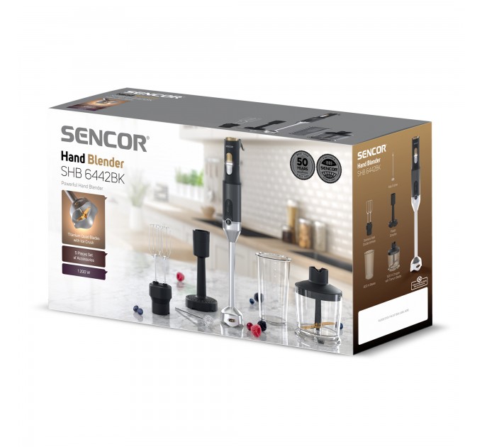 Блендер Sencor погружной 1200Вт, 6в1, чаша-800мл, вспениватель молока, черный