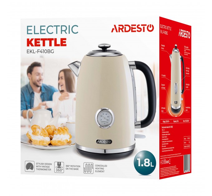 Електрочайник ARDESTO Vintage Dream 1.8л, Strix, метал, бежевий глянцевий