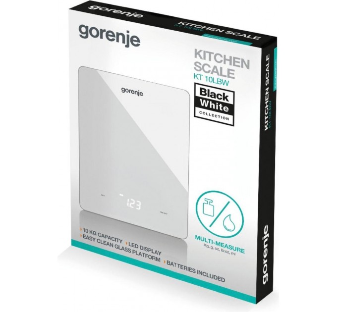Ваги Gorenje кухонні, 10кг, AAAx3 в комплекті, дисплей, скло, білий
