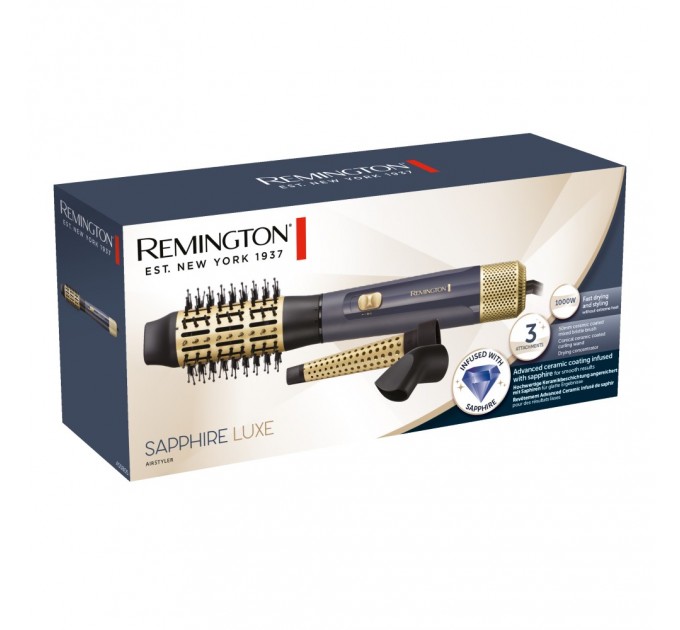 Фен-щетка Remington Sapphire Luxe, 1000Вт, режимов-2, иониз-я, хол. Обдув, керамика, сапфировый