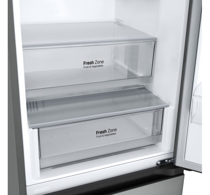 Холодильник LG з нижн. мороз., 203x60х68, холод.відд.-277л, мороз.відд.-110л, 2дв., E, NF, інв., диспл зовн., зона св-ті, сріблястий