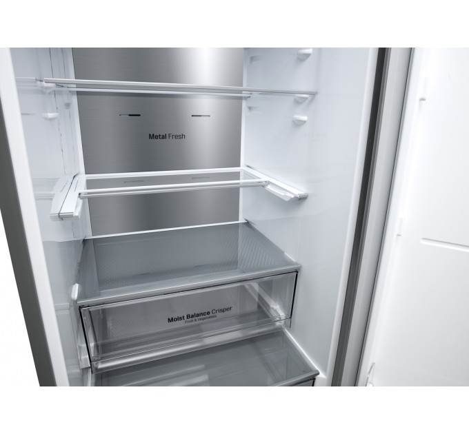 Холодильник LG с нижн. мороз., 203x60х68, холод.отд.-277л, мороз.отд.-107л, 2дв., E, NF, инв., диспл внешн., зона св-ти, Metal Fresh, серебристый