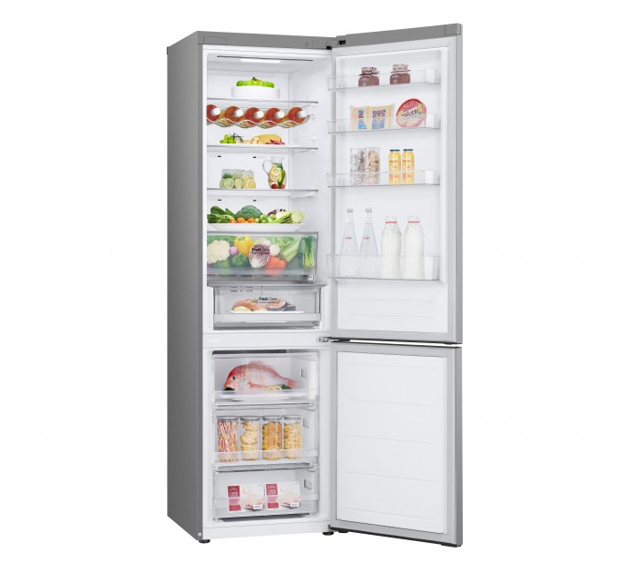 Холодильник LG з нижн. мороз., 203x60х68, холод.відд.-277л, мороз.відд.-110л, 2дв., E, NF, інв., диспл зовн., зона св-ті, сріблястий