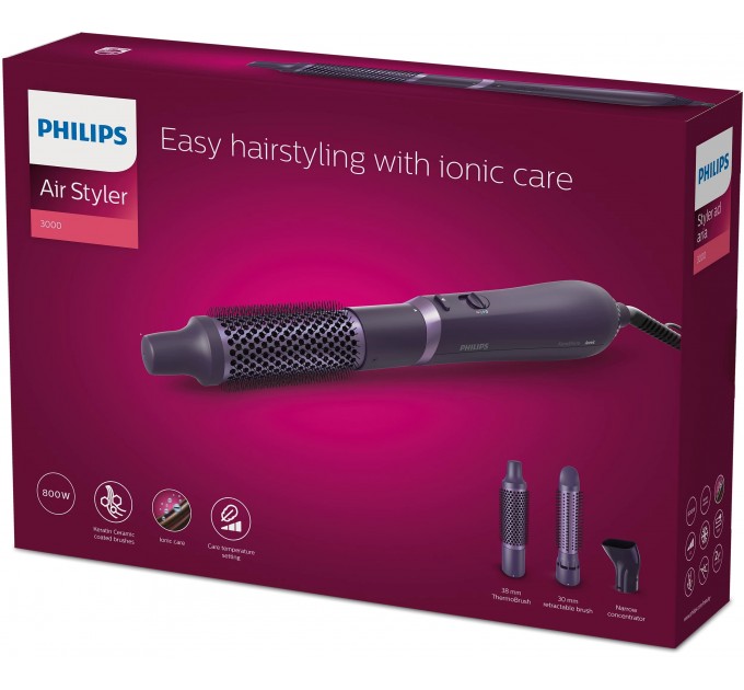 Фен-щітка Philips 3000 Series, 800Вт, іонізація, 3 насадки, фіолетовий