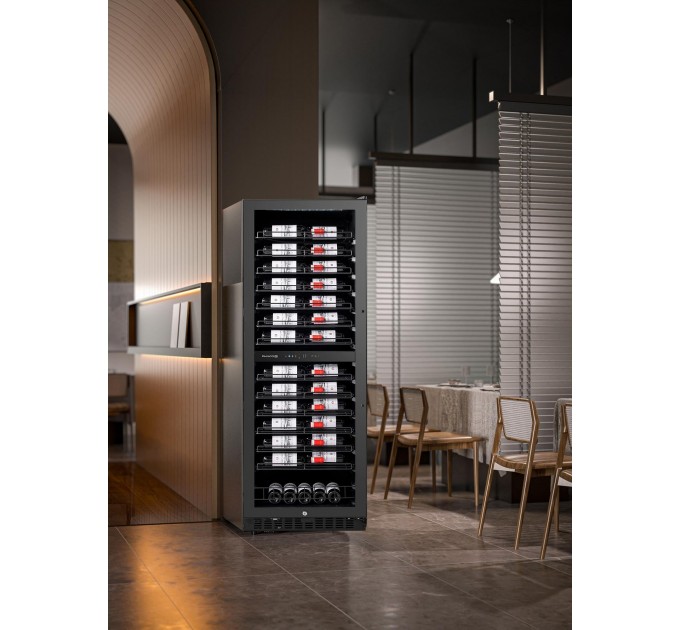 Холодильник Philco для вина,176x60x68, холод.отд.-418л, зон - 2, бут-131, диспл, подсветка, черный