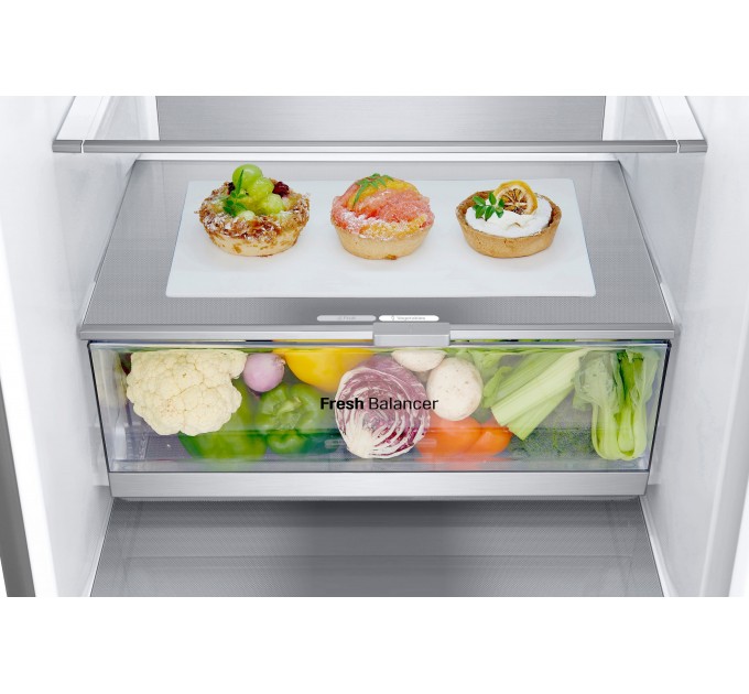 Холодильник LG с нижн. мороз., 203x60х68, холод.отд.-277л, мороз.отд.-107л, 2дв., А++, NF, инв., диспл внешн., Fresh Сonverter, Metal Fresh, серебристый