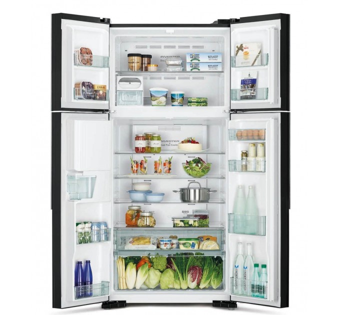 Холодильник Hitachi многодверный, 184x86х75, холод.отд.-396л, мороз.отд.-144л, 4дв., А+, NF, инв., зона нулевая, диспенсер, черный (стекло)