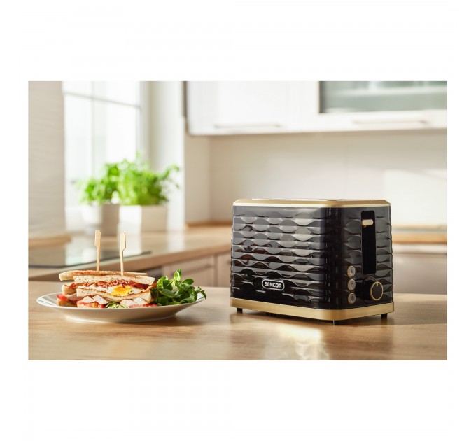Тостер Sencor 930Вт, підігрів, розморожування, підсвічування, пластик, чорно-золотий