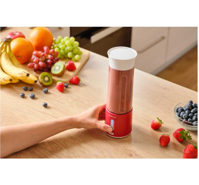 Блендер Sencor портативний для смузі 150Вт, чаша-500мл, USB-C, біло-червоний