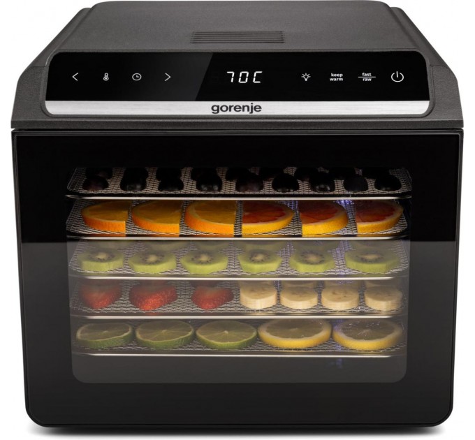 Сушарка для продуктів Gorenje 580Вт, піддонів - 6x1.5см, діаметр - 25см, макс - 75°С, дисплей, пластик+метал, чорний