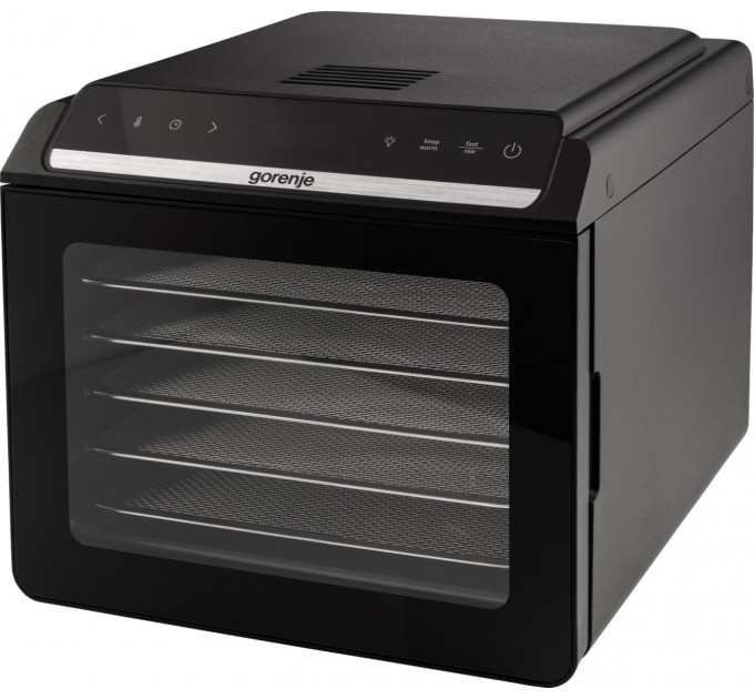 Сушарка для продуктів Gorenje 580Вт, піддонів - 6x1.5см, діаметр - 25см, макс - 75°С, дисплей, пластик+метал, чорний