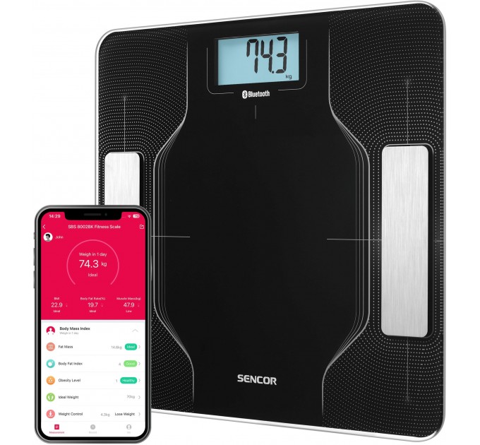Ваги підлогові Sencor, 180кг, AAAx2, підкл. до смартфону, скло, чорний