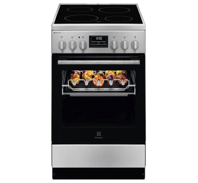 Плита Electrolux електрична склокерамічна, 57л, 50x60см, дисплей, конвекція, мангальна підставка, нерж