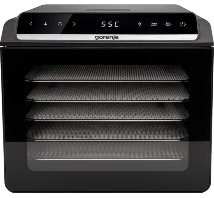 Сушарка для продуктів Gorenje 580Вт, піддонів - 6x1.5см, діаметр - 25см, макс - 75°С, дисплей, пластик+метал, чорний