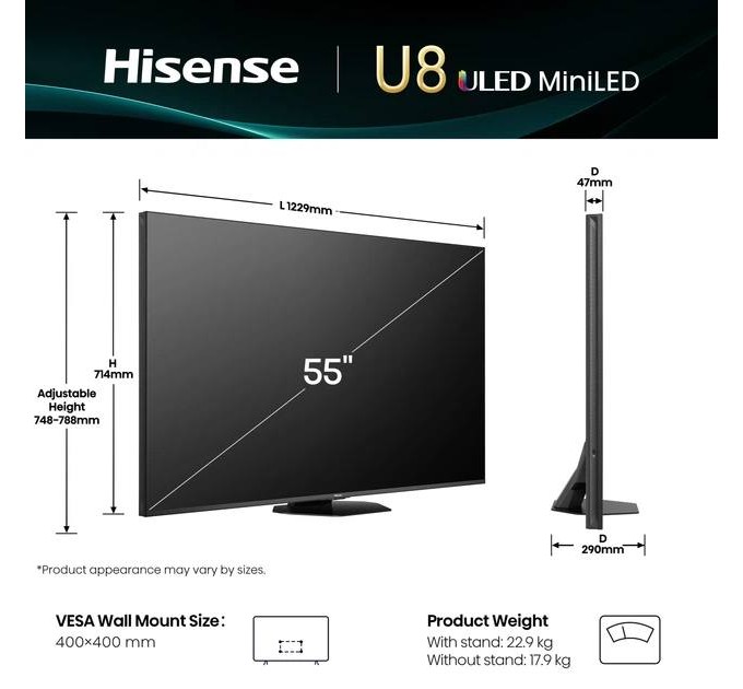 Телевізор 55" Hisense 55U8Q (Mini-LED, QLED, 4K Ultra HD, 144Hz, Google TV)
